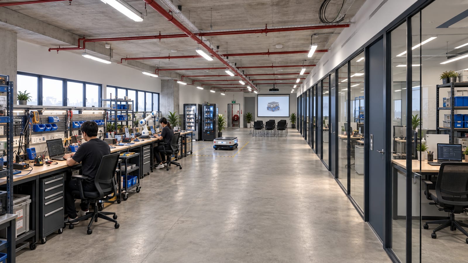 Illustrative render of a compact industrial workspace with glass offices, workbenches and a mobile robot
