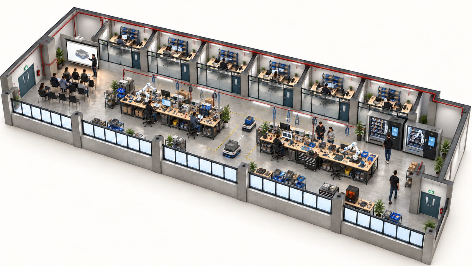 Illustrative cutaway render of a dense robotics lab floor with glass offices and workbenches