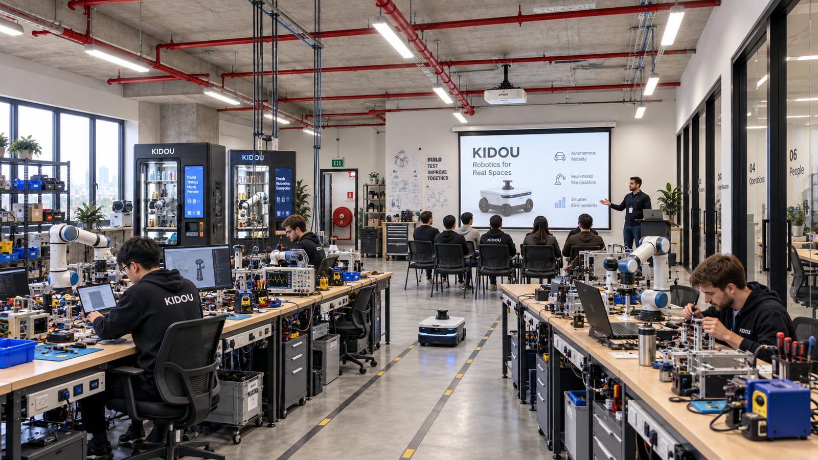 Illustrative render of a founder presenting a robot to a seated audience inside a future KIDOU lab